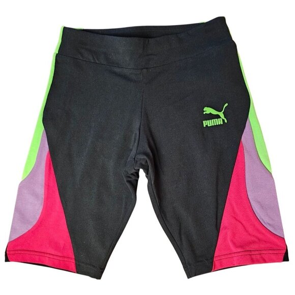 Puma Colorblock Biker Shorts XS Black Pink Green Stretch Activewear - Picture 1 of 3